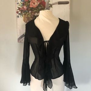 Ladies black sheer tie front top